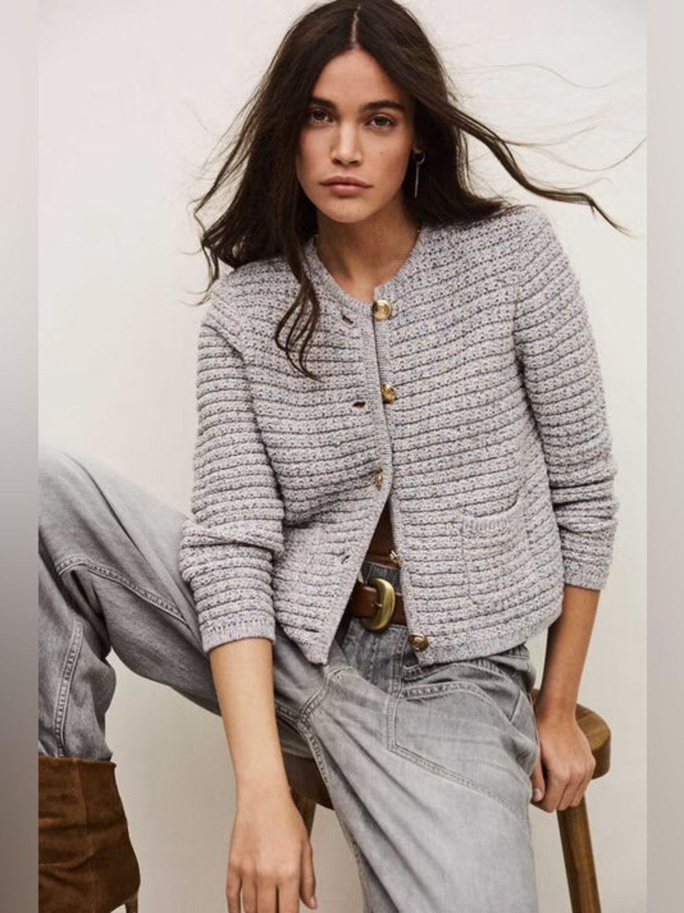 ba&sh Bash Guspa Multicolor Tweed Cardigan Jacket Gray Pastel Multi | size 1 / S